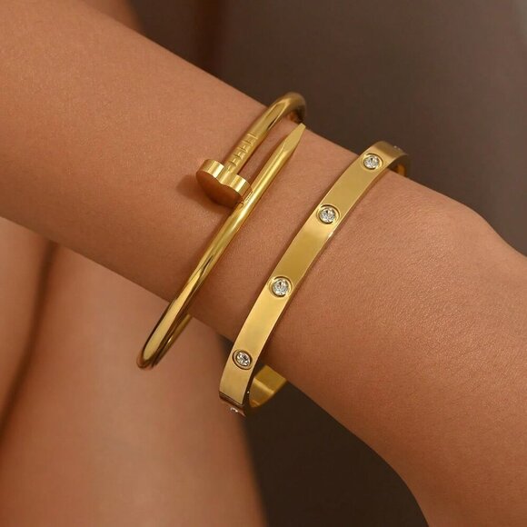 Stainless Steel Love Bangle Set Gold Plated Stackable Jewelry For Women - Picture 3 of 7